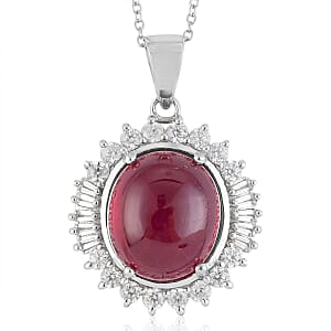 Premium African Ruby (FF) and White Zircon Cocktail Pendant Necklace 18 Inches in Platinum Over Sterling Silver 18.90 ctw
