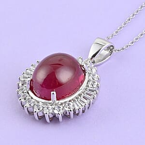 Premium African Ruby (FF) and White Zircon Cocktail Pendant Necklace 18 Inches in Platinum Over Sterling Silver 18.90 ctw
