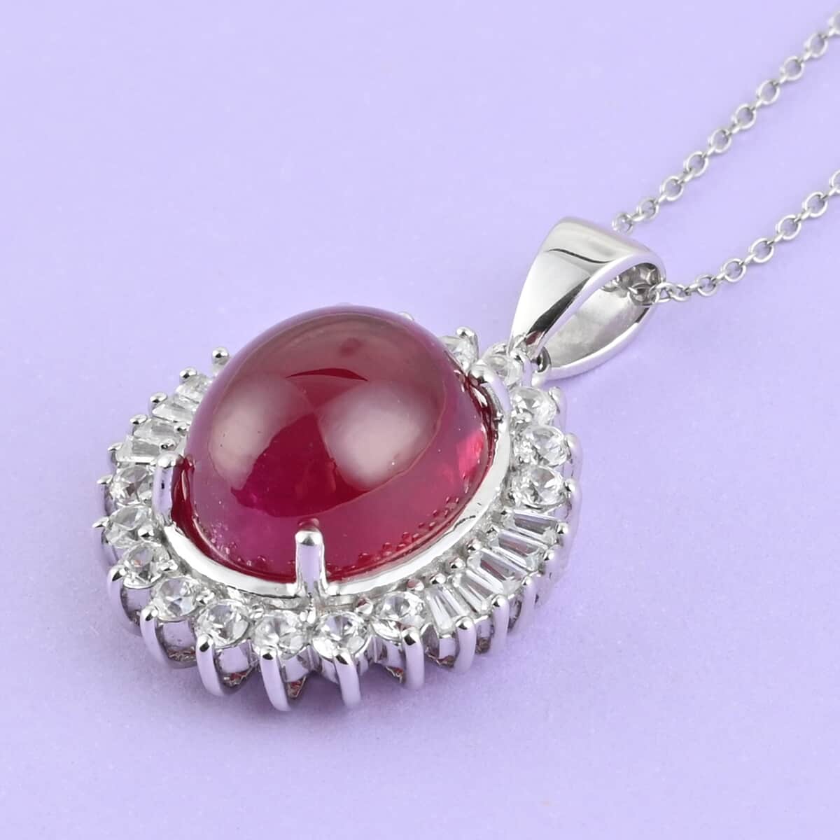 Premium African Ruby (FF) and White Zircon Cocktail Pendant Necklace 18 Inches in Platinum Over Sterling Silver 18.90 ctw image number 1