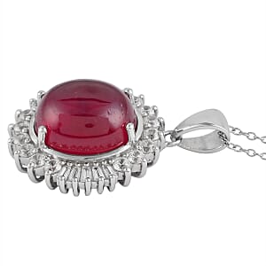 Premium African Ruby (FF) and White Zircon Cocktail Pendant Necklace 18 Inches in Platinum Over Sterling Silver 18.90 ctw