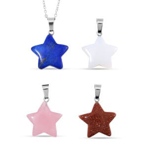 Set of 4 Lapis Lazuli, Opalite, Galilea Rose Quartz, Gold Sandstone Star Pendant in Silvertone 48.00 ctw