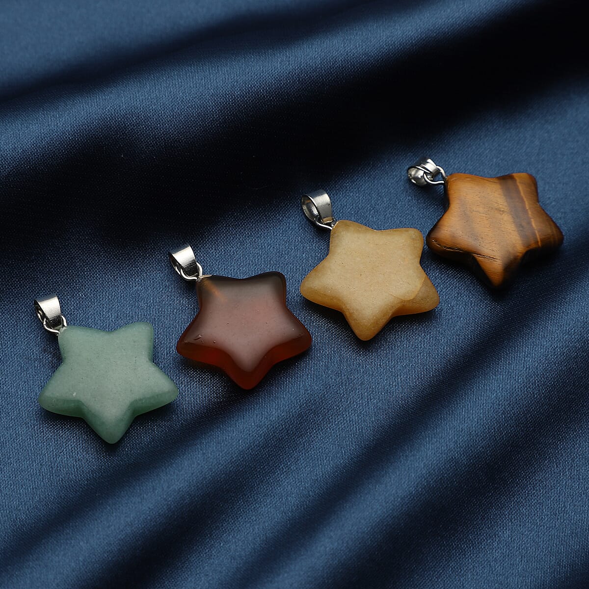 Set of 4 Green Aventurine, Red Agate, Yellow Quartzite and Yellow Tiger's Eye Star Pendants in Silvertone 48.00 ctw image number 1