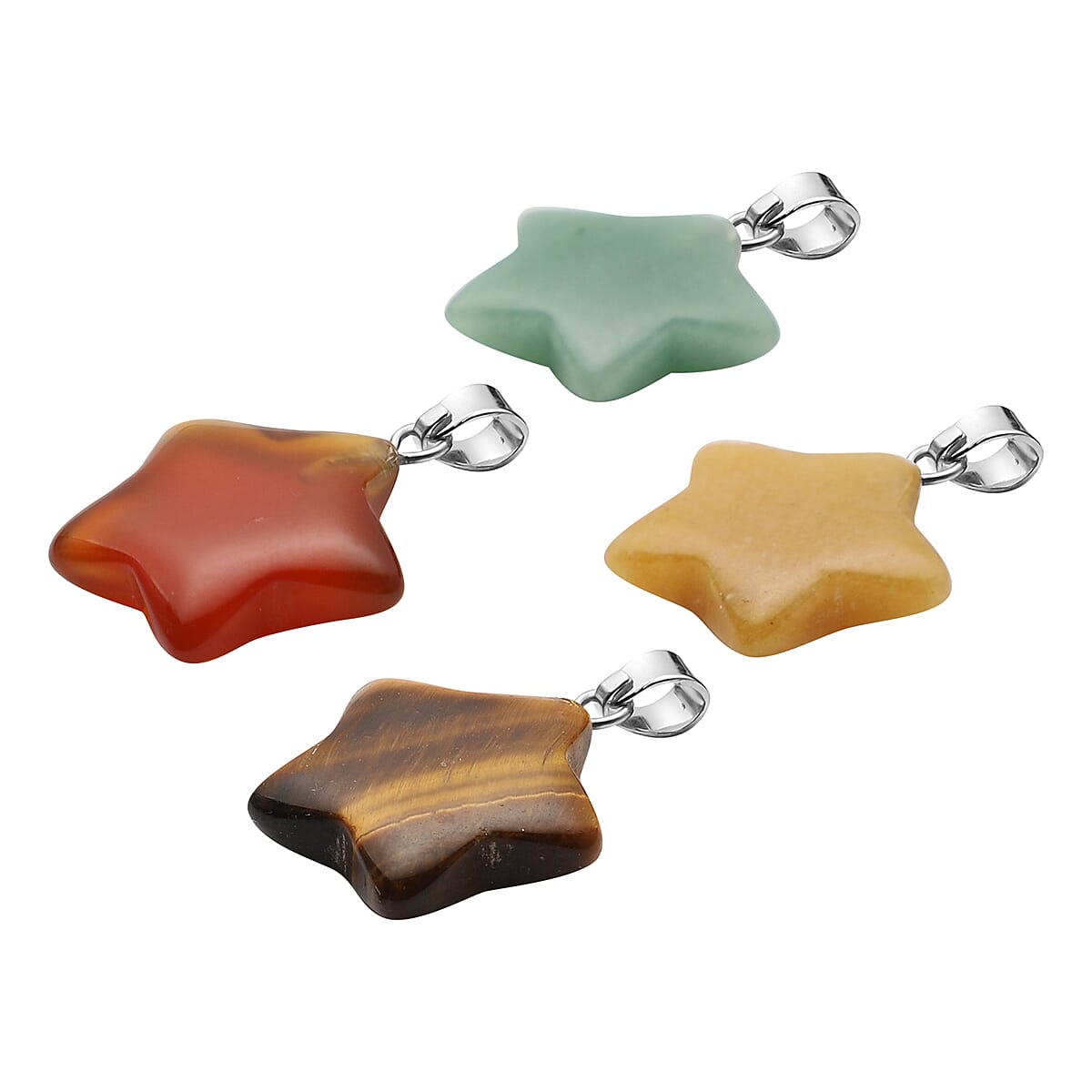 Set of 4 Green Aventurine, Red Agate, Yellow Quartzite and Yellow Tiger's Eye Star Pendants in Silvertone 48.00 ctw image number 2