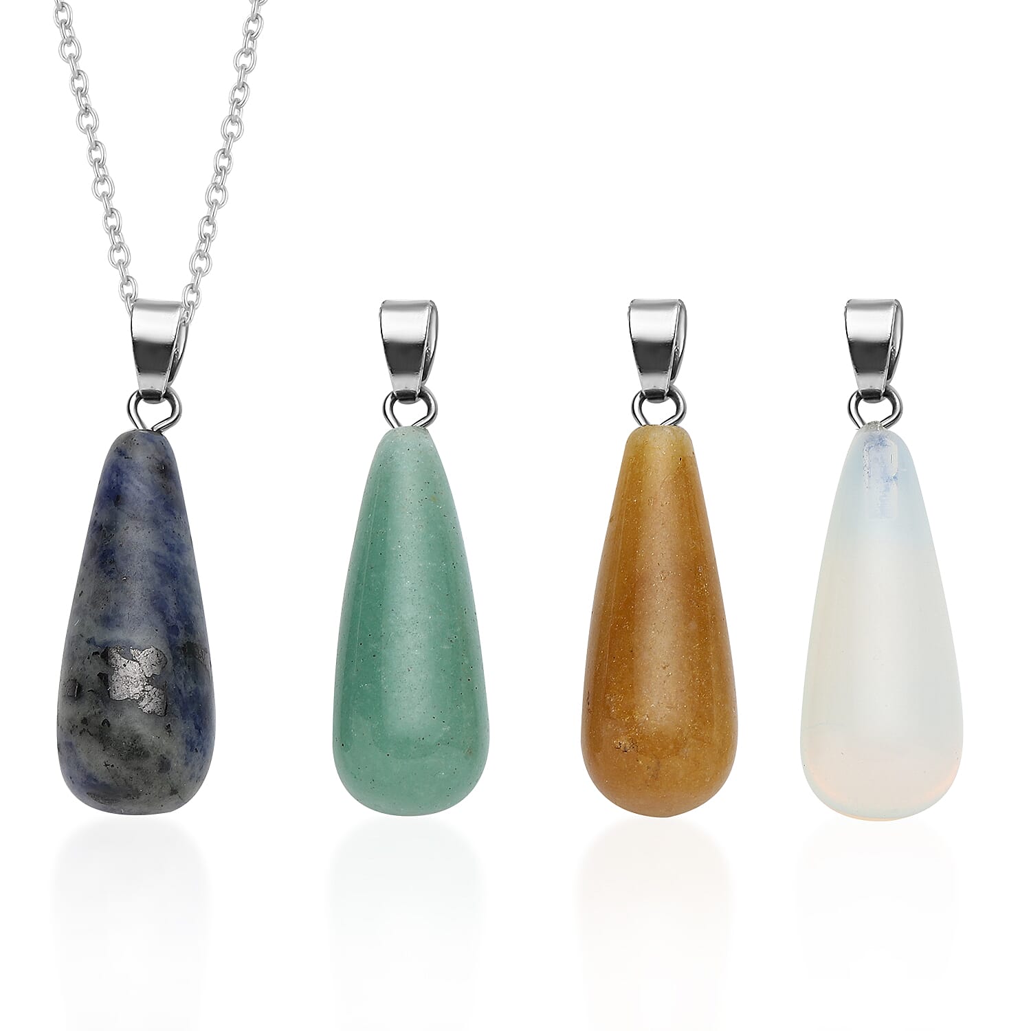 Green Aventurine, Sodalite, Opalite, Yellow Quartzite Set of 4 Pendants in Silvertone With Stainless Steel Chain 20 Inches 64.00 ctw