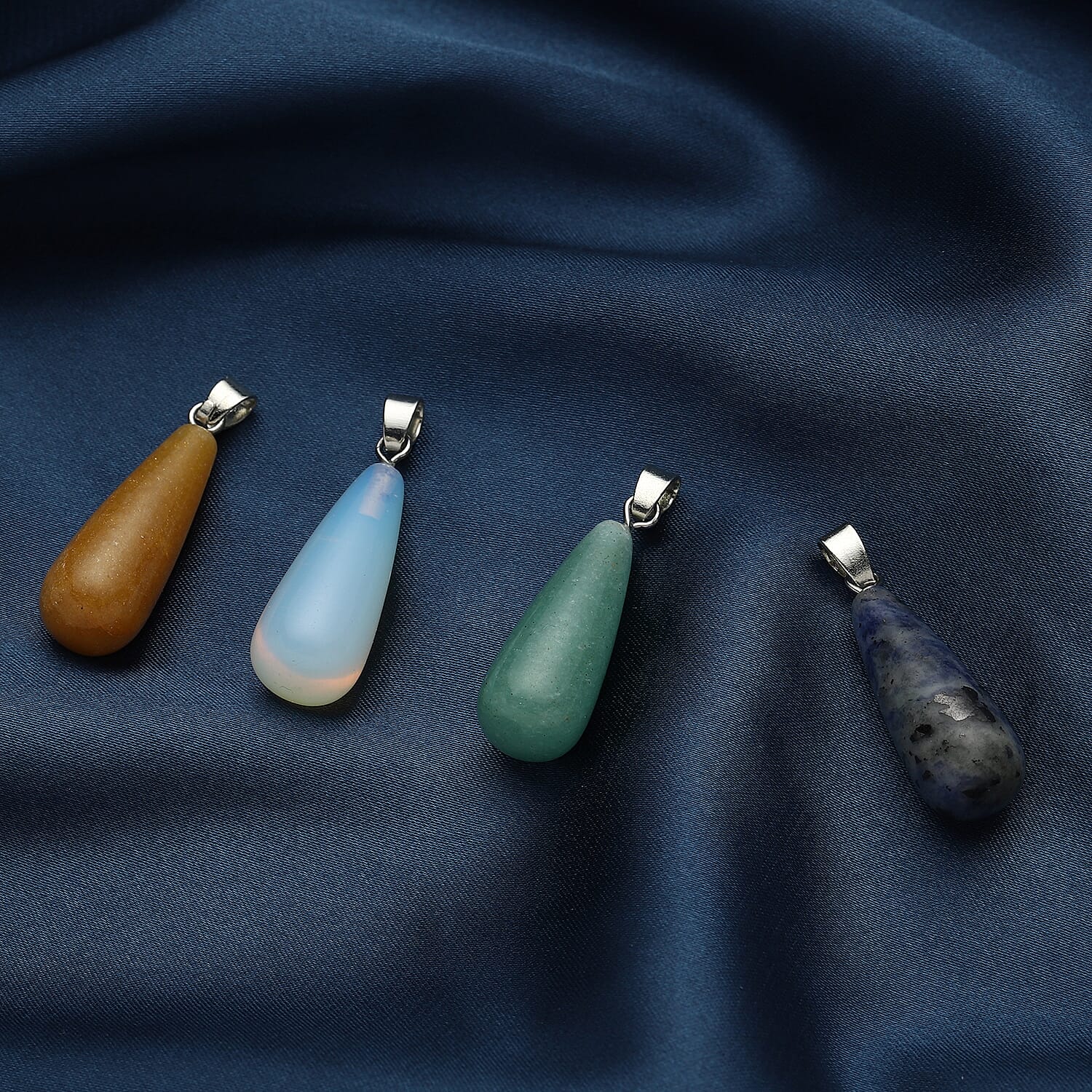 Green Aventurine, Sodalite, Opalite, Yellow Quartzite Set of 4 Pendants in Silvertone With Stainless Steel Chain 20 Inches 64.00 ctw