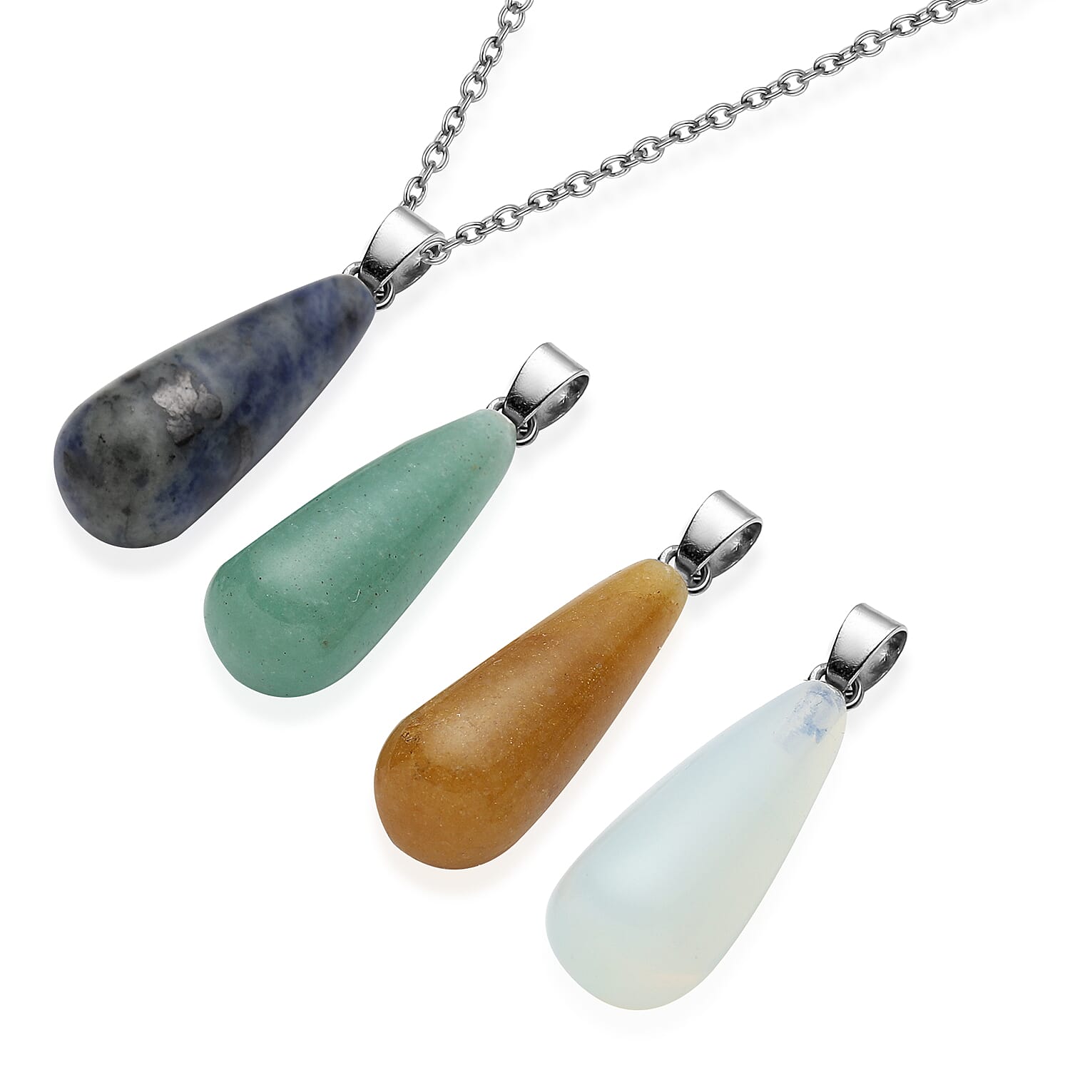 Green Aventurine, Sodalite, Opalite, Yellow Quartzite Set of 4 Pendants in Silvertone With Stainless Steel Chain 20 Inches 64.00 ctw