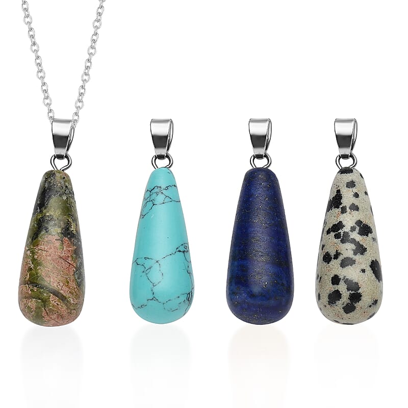 Lapis Lazuli, Unakite, Blue Howlite, Dalmatian Jasper Set of 4 Pendants in Silvertone With Stainless Steel Chain 20 Inches 64.00 ctw