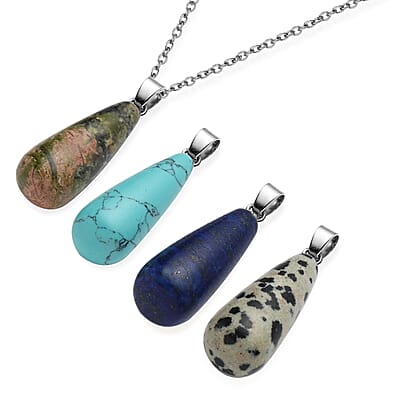 Lapis Lazuli, Unakite, Blue Howlite, Dalmatian Jasper Set of 4 Pendants in Silvertone With Stainless Steel Chain 20 Inches 64.00 ctw