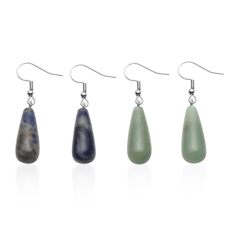 Set of 2 Green Aventurine and Sodalite Earrings in Stainless Steel 32.00 ctw