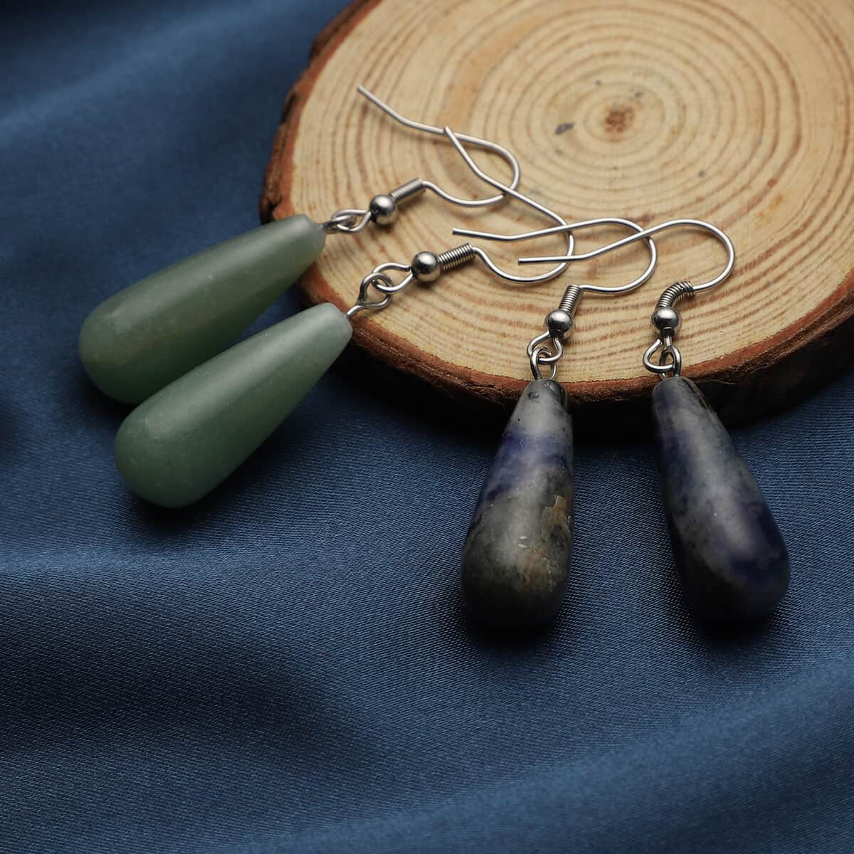 Set of 2 Green Aventurine and Sodalite Earrings in Stainless Steel 32.00 ctw image number 1