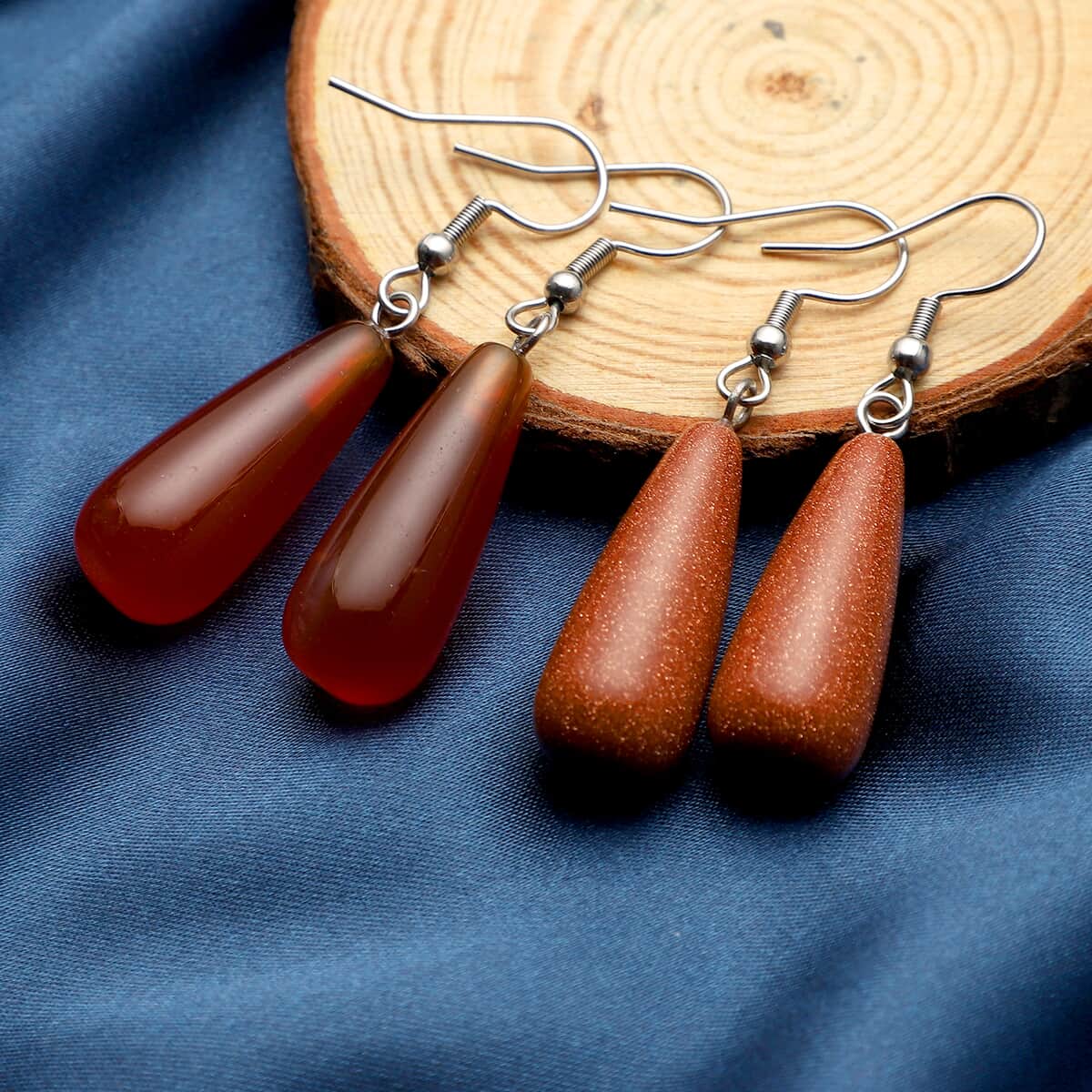 Set of 2 Gold Sandstone and Red Agate Earrings in Stainless Steel 32.00 ctw image number 1
