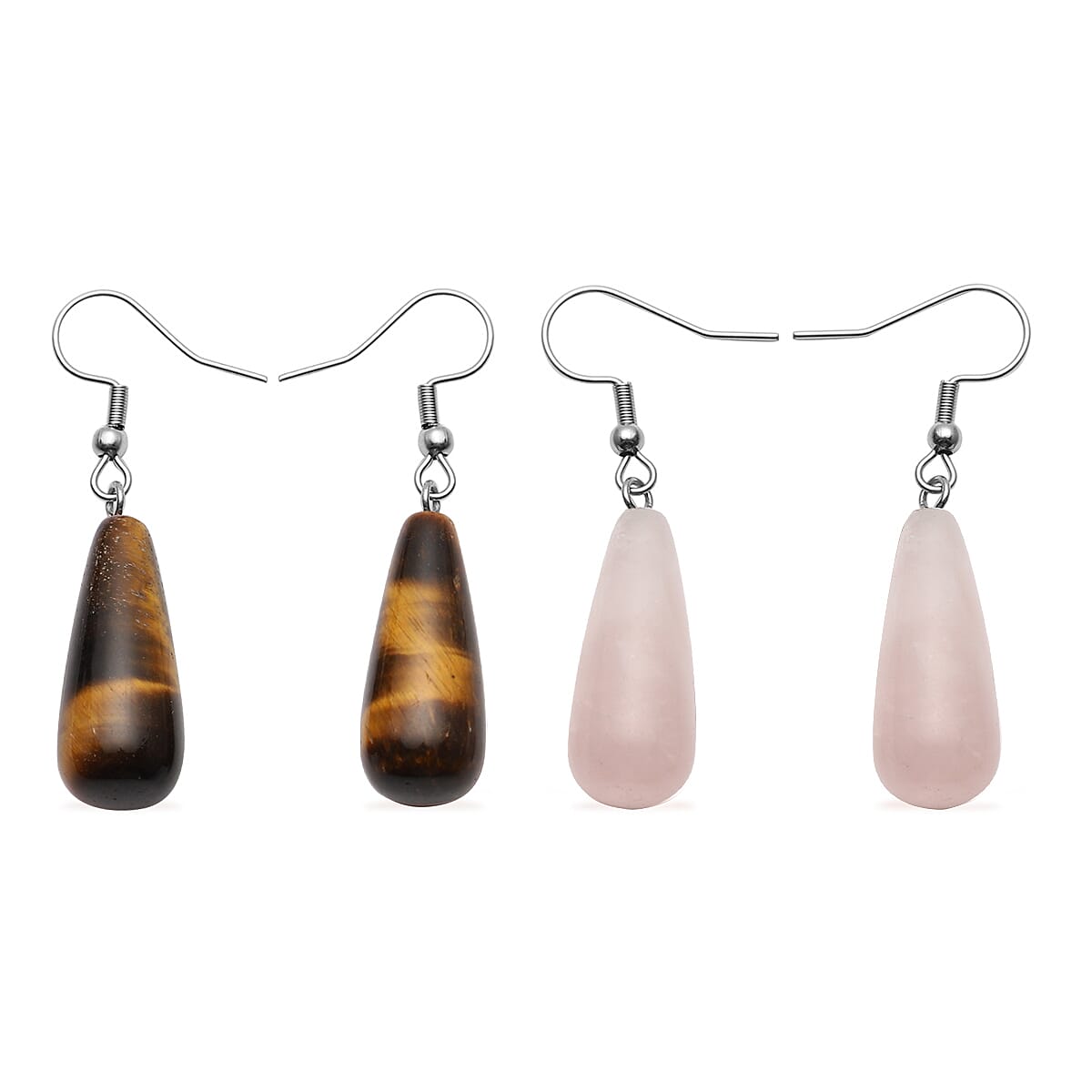Set of 2 South African Tiger's Eye and Galilea Rose Quartz Earrings in Stainless Steel 32.00 ctw