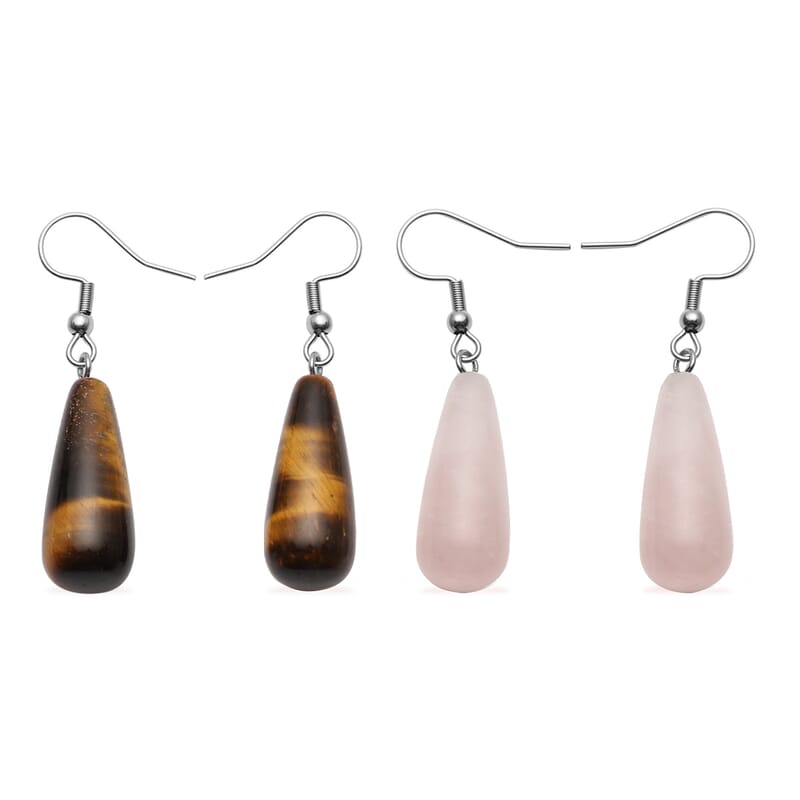 Set of 2 South African Tiger's Eye and Galilea Rose Quartz Earrings in Stainless Steel 32.00 ctw