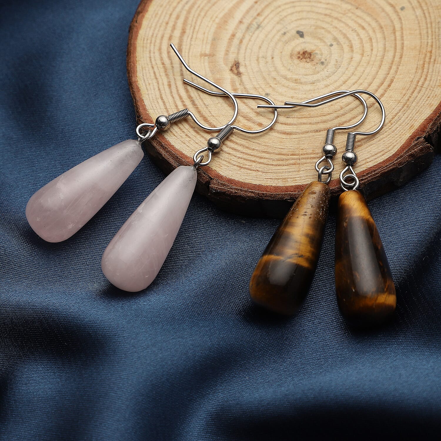 Set of 2 South African Tiger's Eye and Galilea Rose Quartz Earrings in Stainless Steel 32.00 ctw
