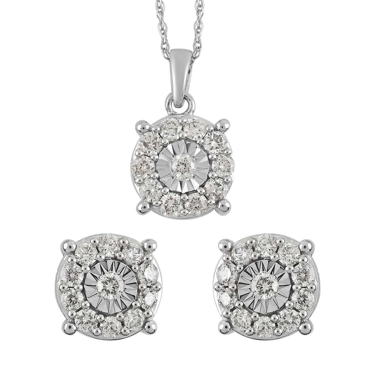 NY Closeout 10K White Gold G-H I1 Diamond Stud Earrings and Pendant Necklace 18 Inches 5.20 Grams 1.10 ctw image number 0