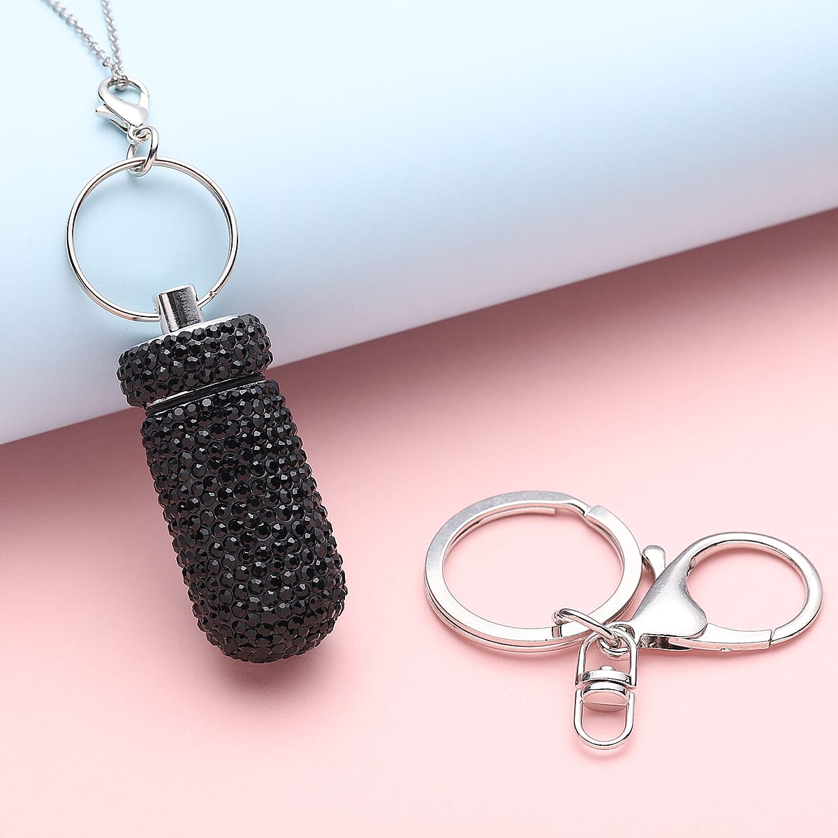 Black Austrian Crystal Pill Case Pendant and Keychain in Silvertone with Stainless Steel Necklace 23.5 Inches image number 1