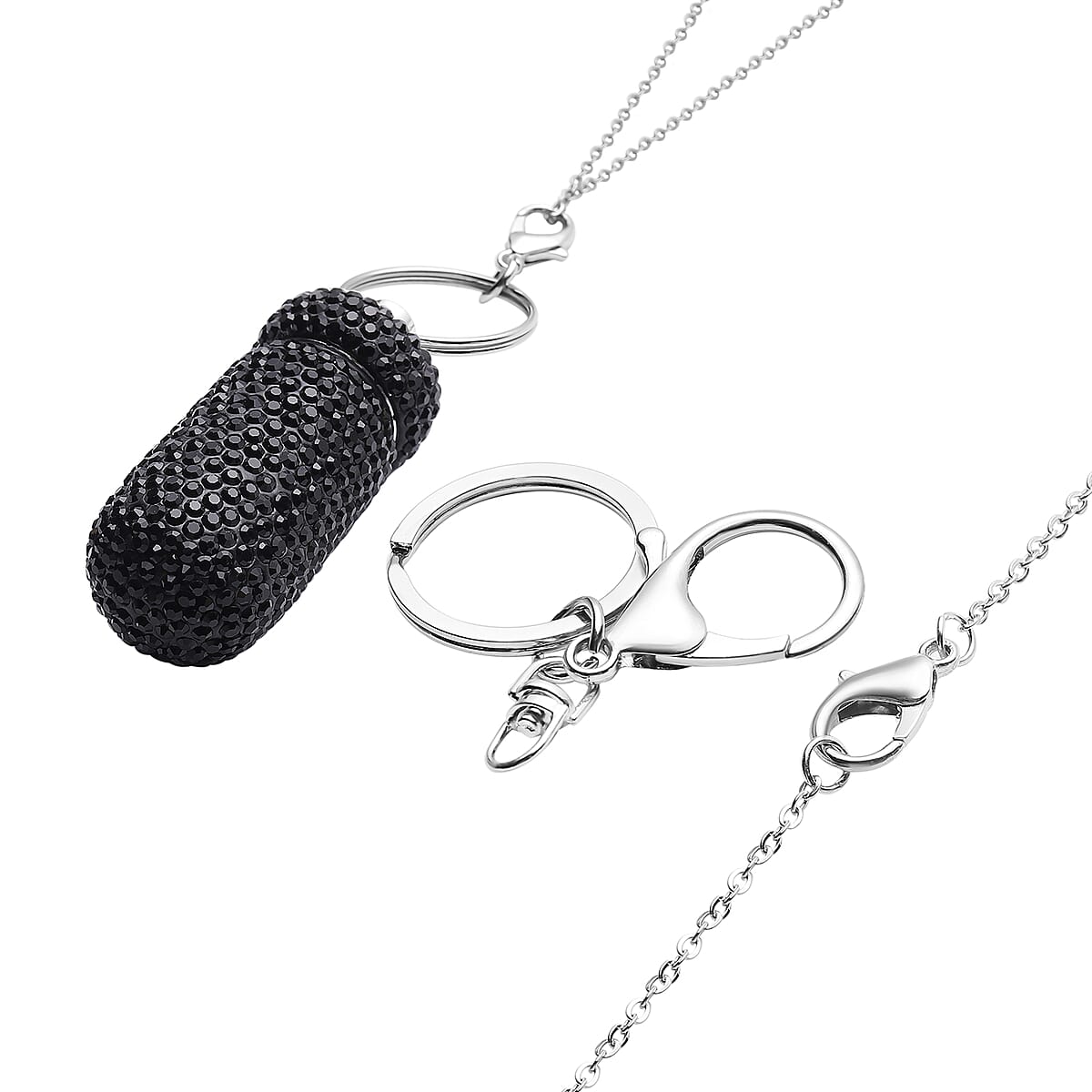 Black Austrian Crystal Pill Case Pendant and Keychain in Silvertone with Stainless Steel Necklace 23.5 Inches image number 2