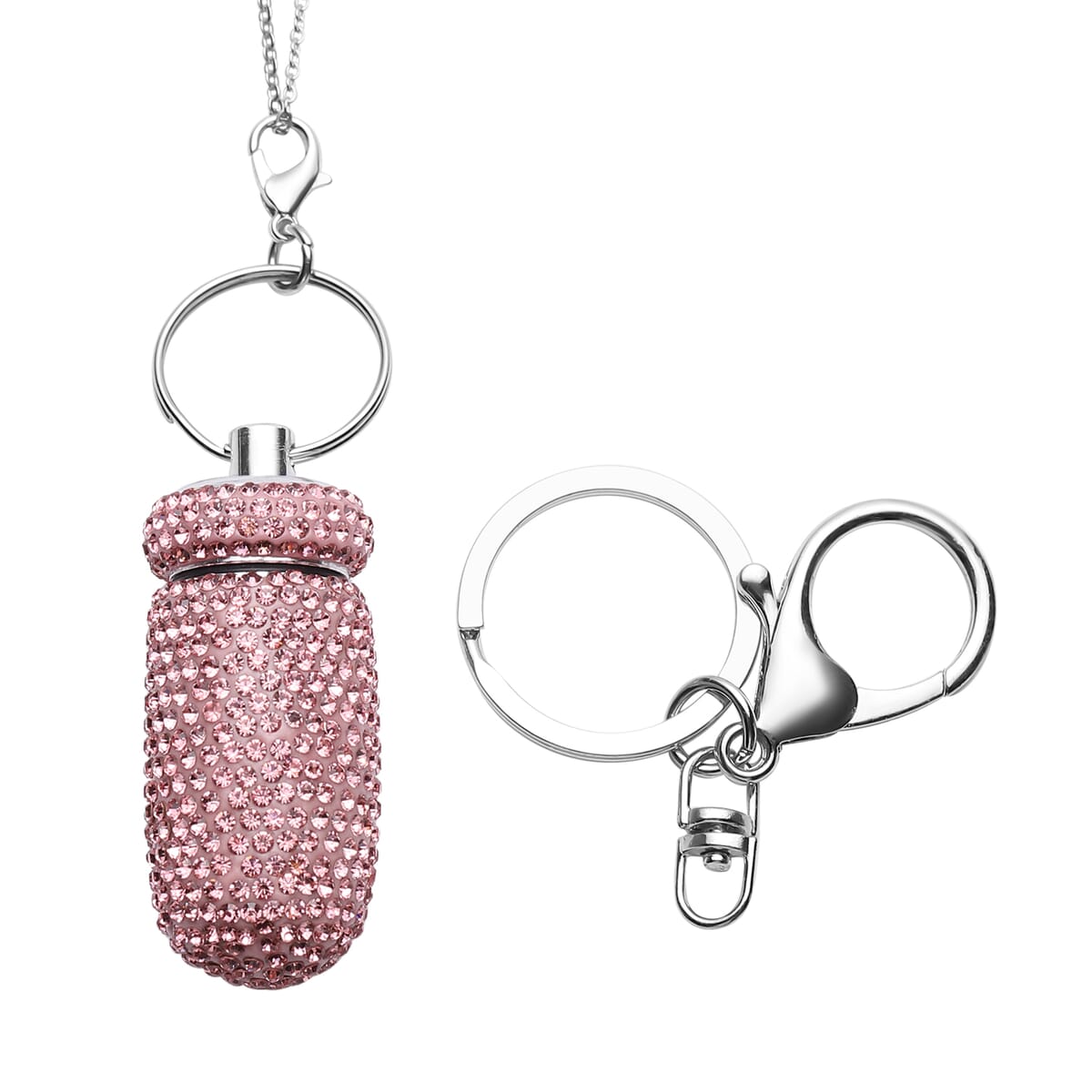 Pink Austrian Crystal Pill Case Pendant and Keychain in Silvertone with Stainless Steel Necklace 23.5 Inches image number 0