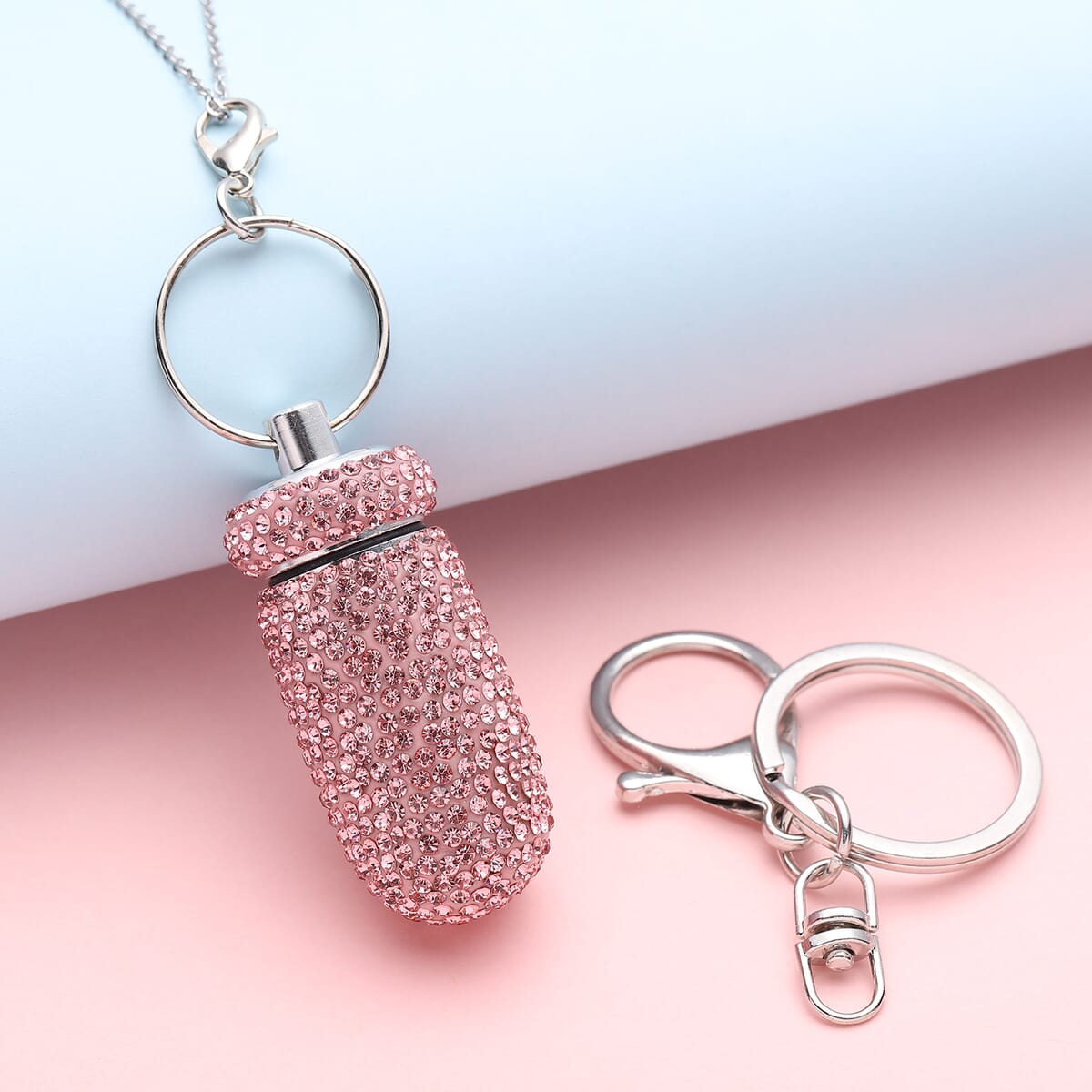 Pink Austrian Crystal Pill Case Pendant and Keychain in Silvertone with Stainless Steel Necklace 23.5 Inches image number 1