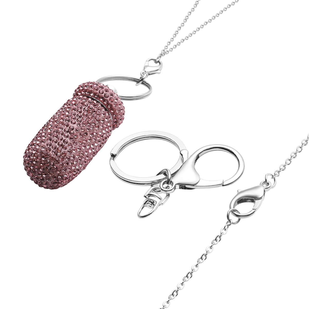 Pink Austrian Crystal Pill Case Pendant and Keychain in Silvertone with Stainless Steel Necklace 23.5 Inches image number 2