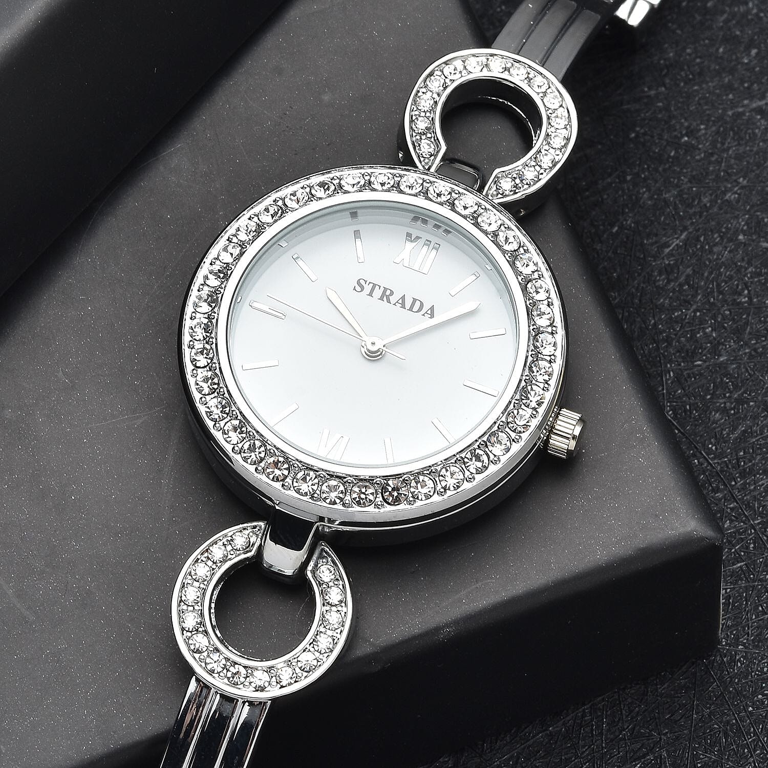 Strada White Crystal Japanese Movement Watch in Silvertone Strap with Replacement Ring - Steel Color, Black, Purple, Dark Blue 1.75 ctw
