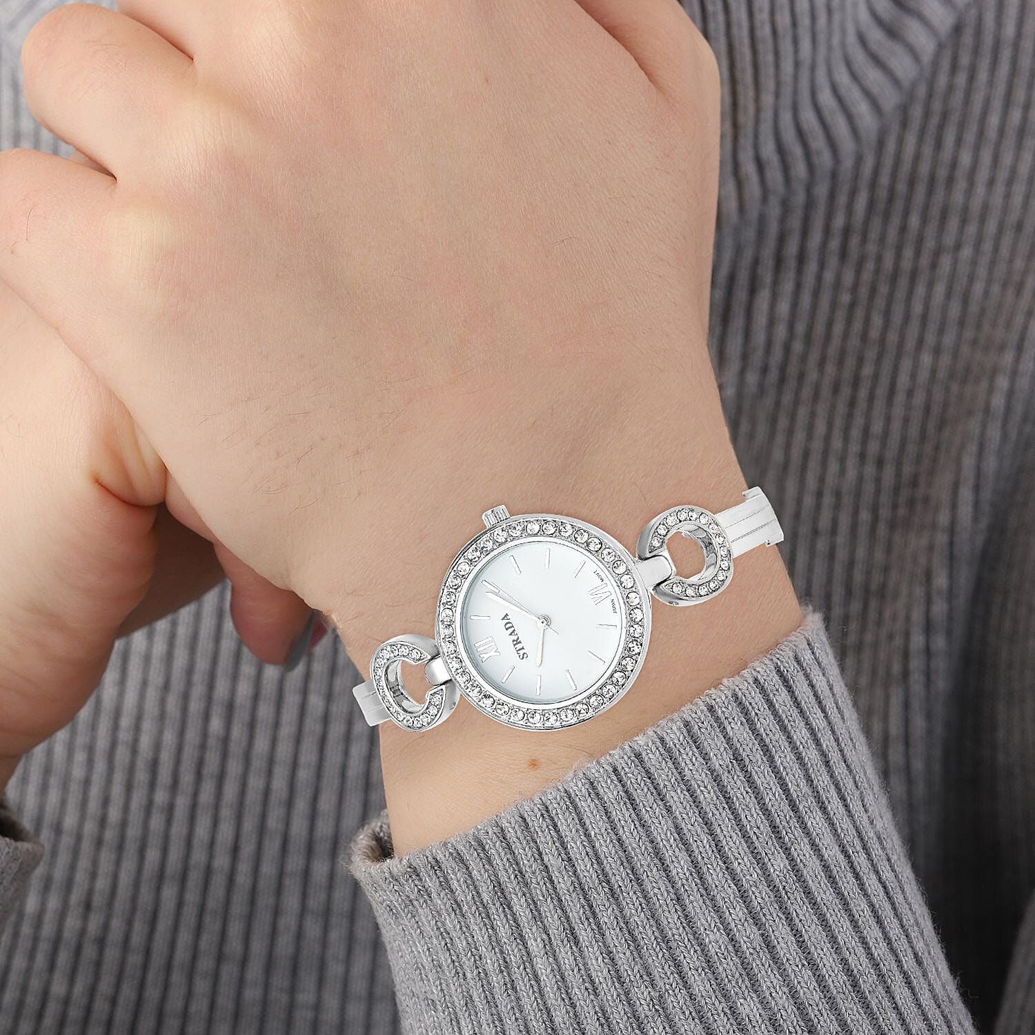 Strada White Crystal Japanese Movement Watch in Silvertone Strap with Replacement Ring - Steel Color, Black, Purple, Dark Blue 1.75 ctw