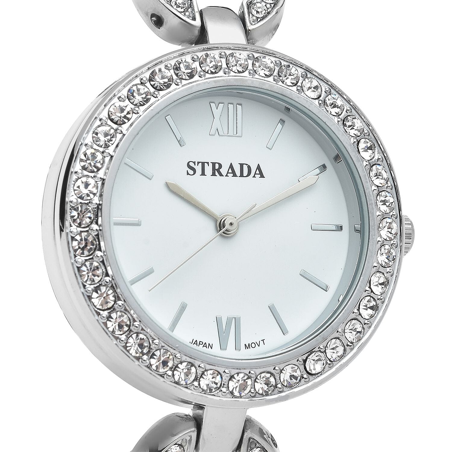 Strada White Crystal Japanese Movement Watch in Silvertone Strap with Replacement Ring - Steel Color, Black, Purple, Dark Blue 1.75 ctw