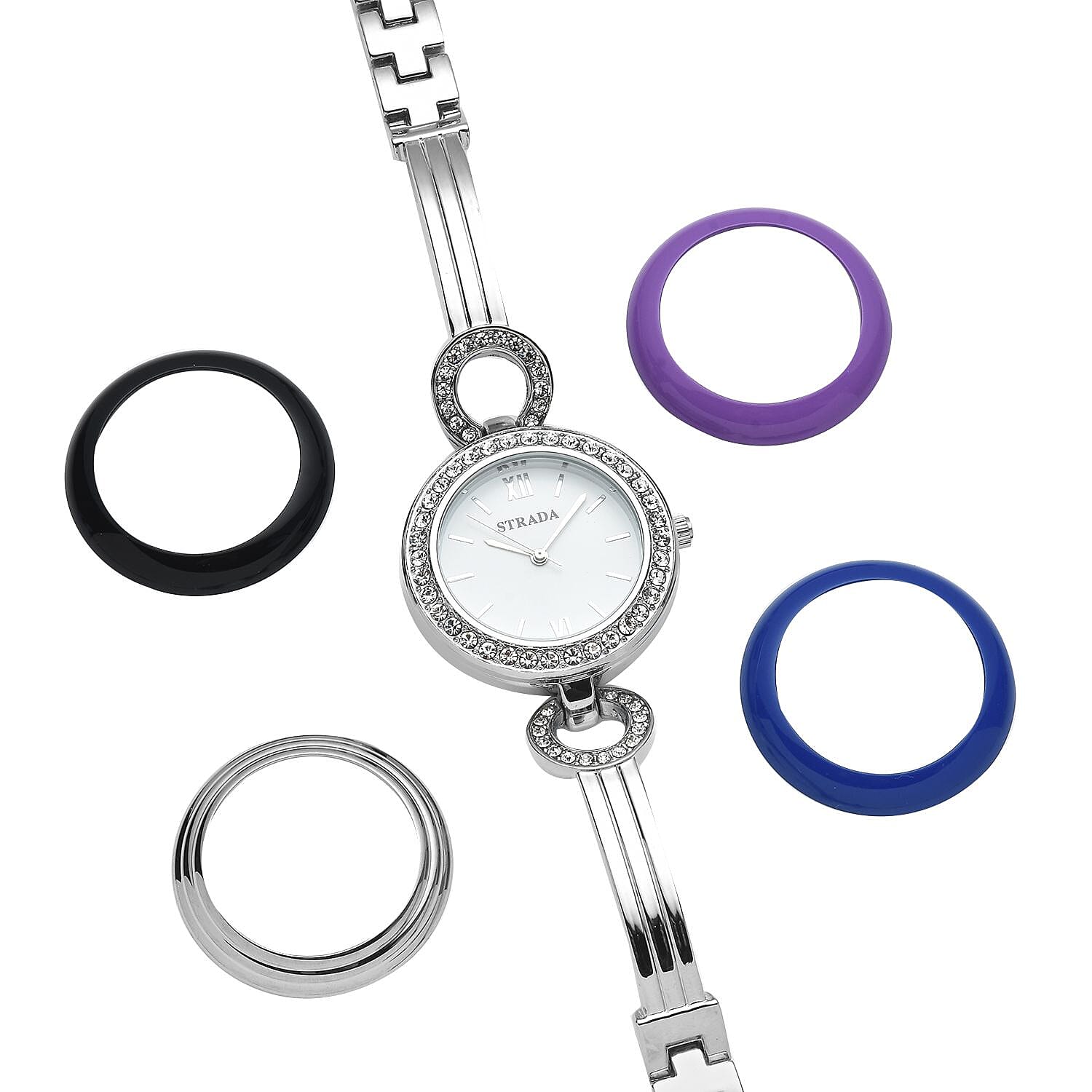 Strada White Crystal Japanese Movement Watch in Silvertone Strap with Replacement Ring - Steel Color, Black, Purple, Dark Blue 1.75 ctw