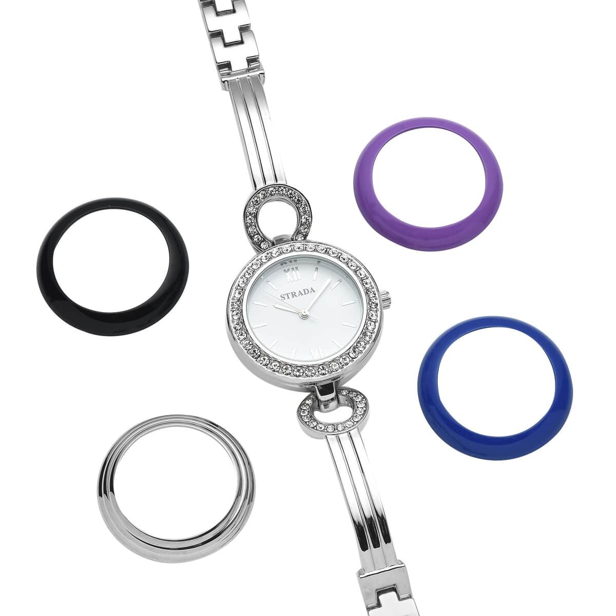 Strada White Crystal Japanese Movement Watch in Silvertone Strap with Replacement Ring - Steel Color, Black, Purple, Dark Blue 1.75 ctw image number 5