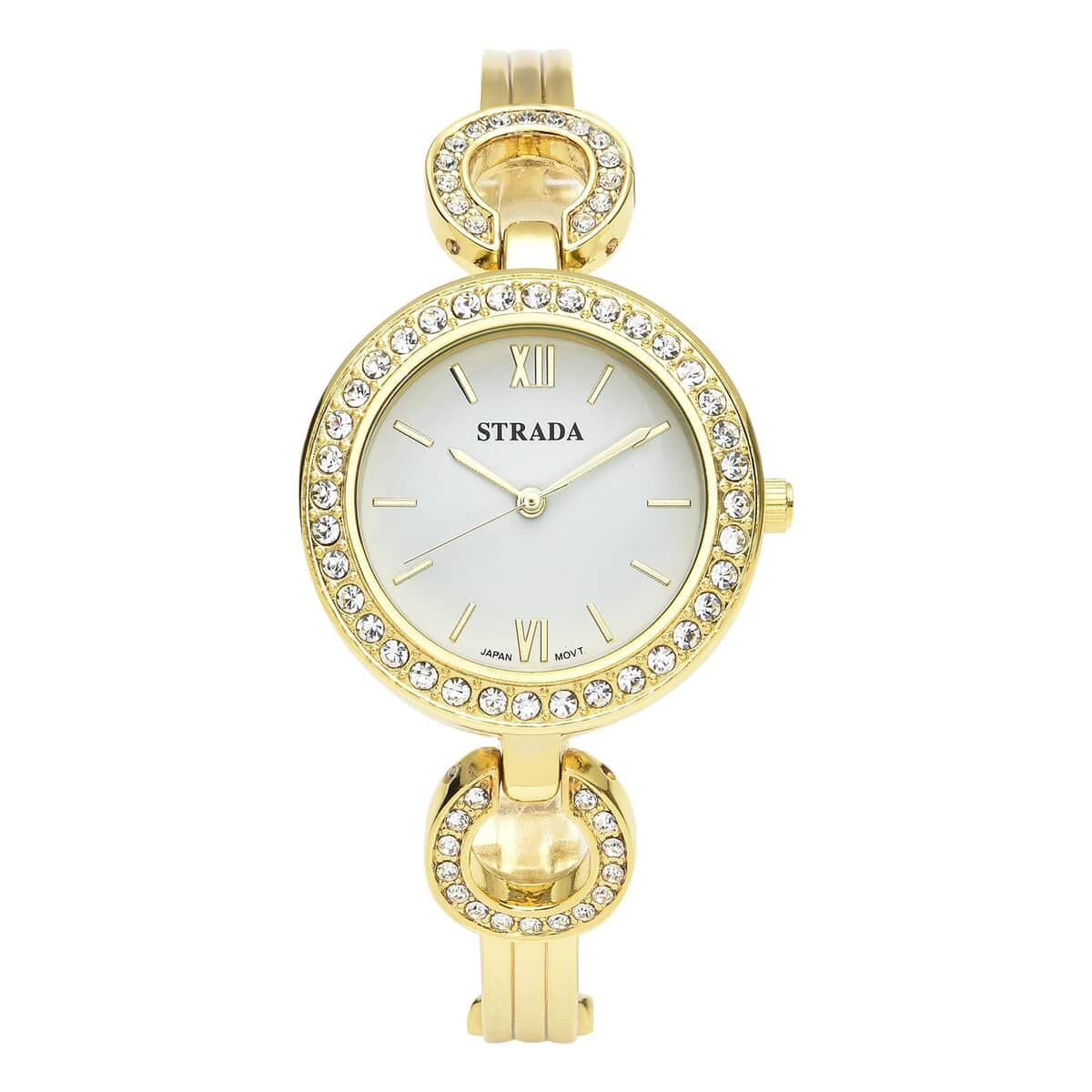 Strada White Crystal Japanese Movement Watch in Goldtone Strap with Replacement Ring 9in - Golden, Dark Red, Black, Green 5.25 ctw image number 0
