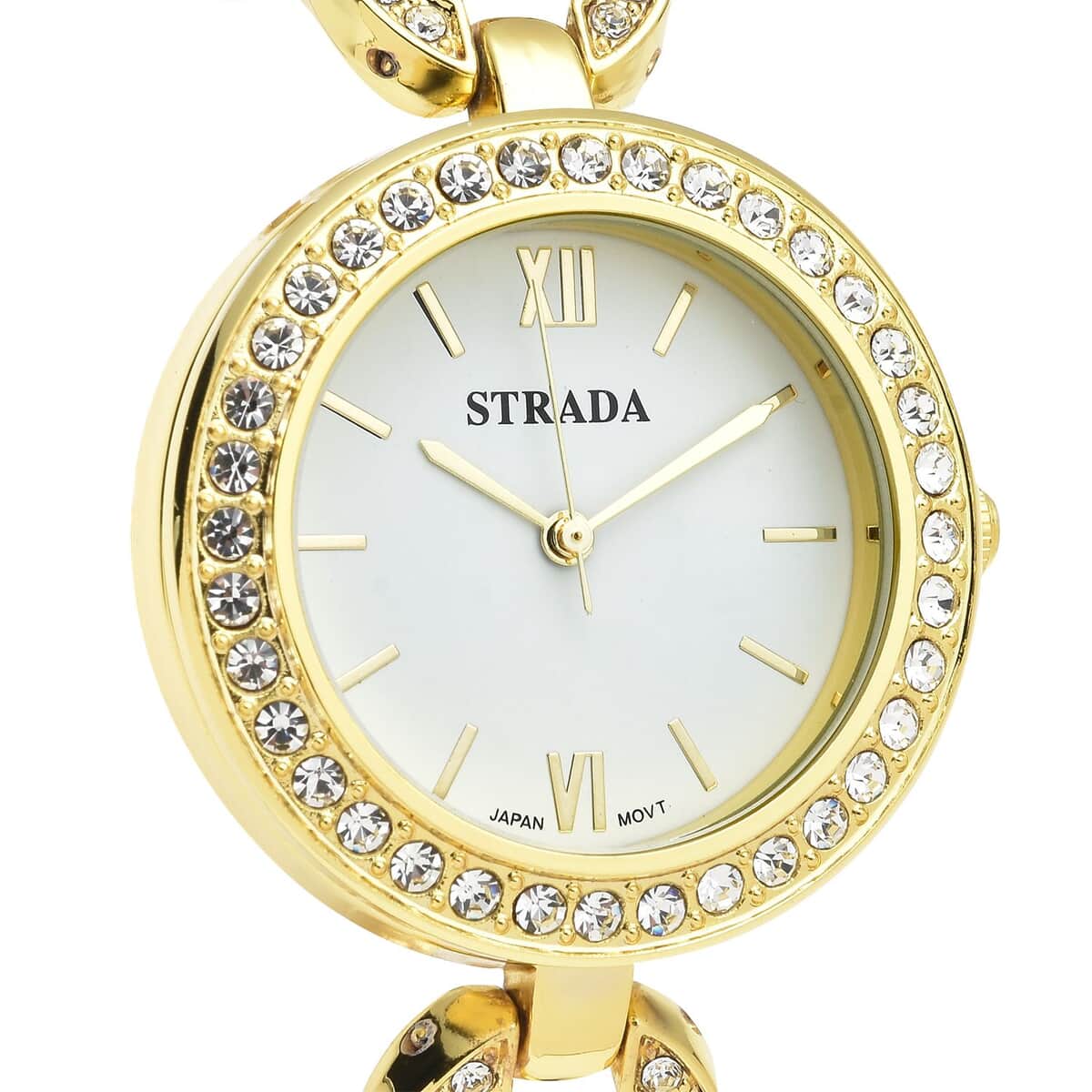 Strada White Crystal Japanese Movement Watch in Goldtone Strap with Replacement Ring 9in - Golden, Dark Red, Black, Green 5.25 ctw image number 3