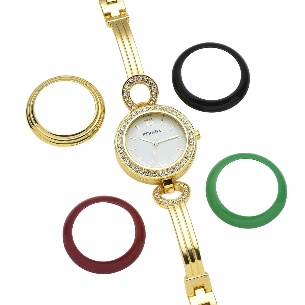 Strada White Crystal Japanese Movement Watch in Goldtone Strap with Replacement Ring 9in - Golden, Dark Red, Black, Green 5.25 ctw image number 6