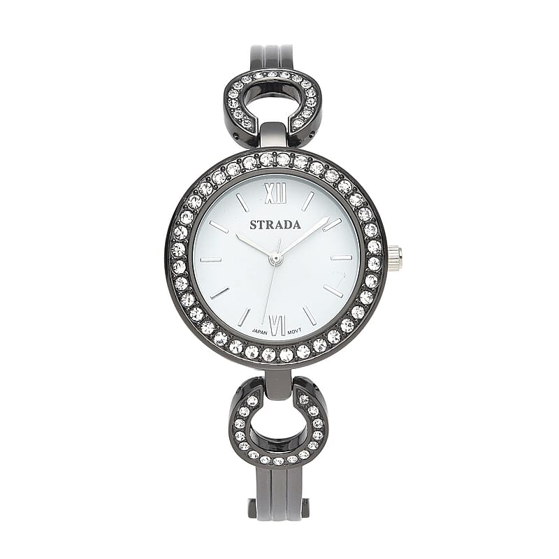Strada White Crystal Japanese Movement Watch in Blacktone Strap with Replacement Ring - Black, Blue, Golden, Red
