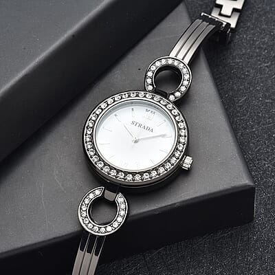 Strada White Crystal Japanese Movement Watch in Blacktone Strap with Replacement Ring - Black, Blue, Golden, Red
