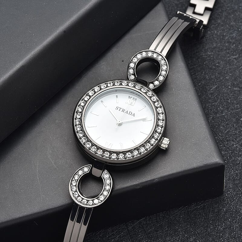 Strada White Crystal Japanese Movement Watch in Blacktone Strap with Replacement Ring - Black, Blue, Golden, Red
