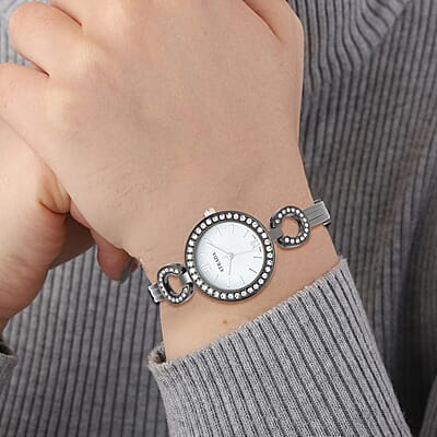 Strada White Crystal Japanese Movement Watch in Blacktone Strap with Replacement Ring - Black, Blue, Golden, Red