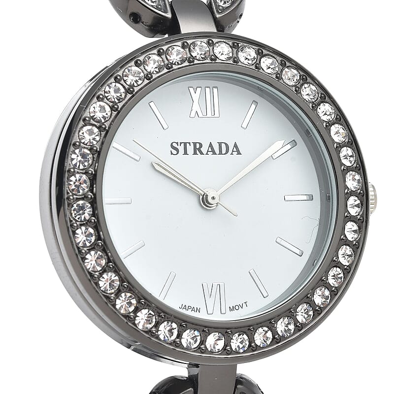Strada White Crystal Japanese Movement Watch in Blacktone Strap with Replacement Ring - Black, Blue, Golden, Red