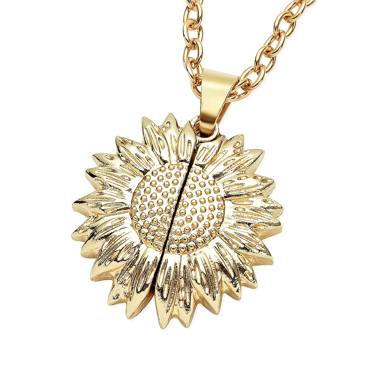 Coin Shape South African Yellow Tiger's Eye Sunflower Surprise Pendant Necklace 24-26 Inches in Goldtone 24.00 ctw