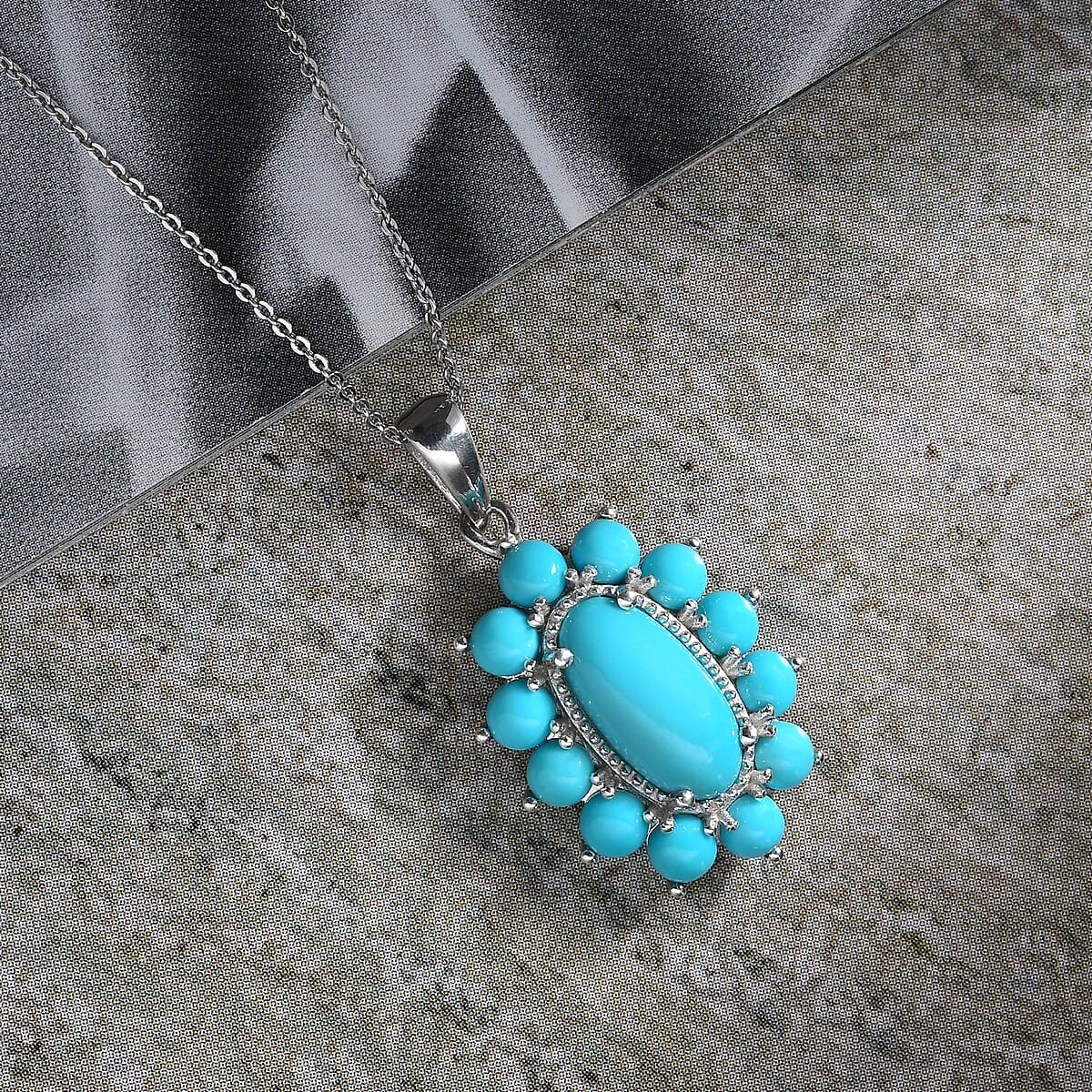 Sleeping Beauty Turquoise Elongated Pendant Necklace 20 Inches in Platinum Over Sterling Silver 5.65 ctw image number 1