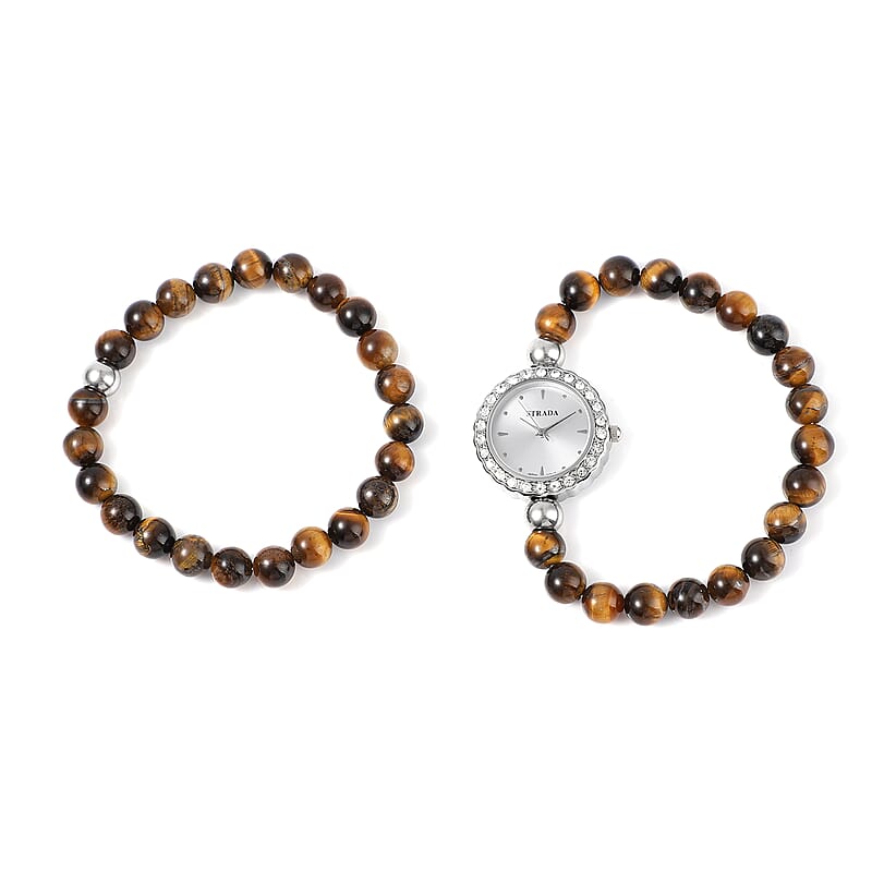 Set of 2 Strada Japanese Movement White Crystal, Tiger's Eye Beaded Bracelet Watch with Matching Bracelet in Stainless Steel 176.50 ctw