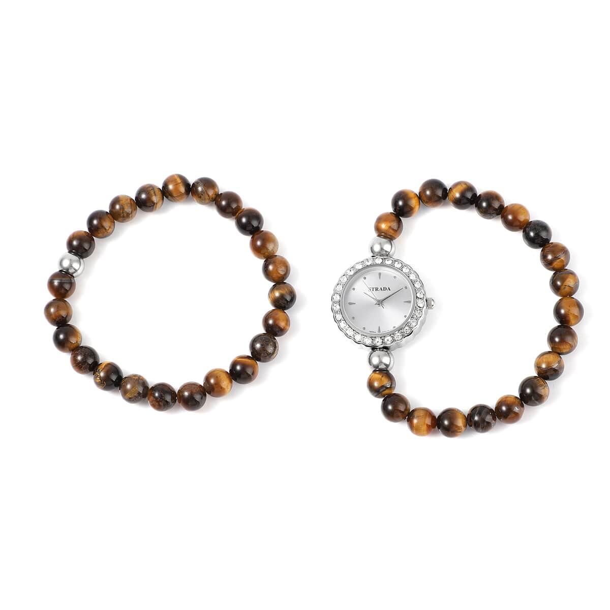Set of 2 STRADA Japanese Movement White Austrian Crystal, Tiger's Eye Beaded Bracelet Watch with Matching Bracelet in Stainless Steel 176.50 ctw image number 0