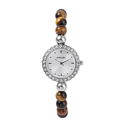 Set of 2 Strada Japanese Movement White Crystal, Tiger's Eye Beaded Bracelet Watch with Matching Bracelet in Stainless Steel 176.50 ctw