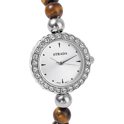 Set of 2 Strada Japanese Movement White Crystal, Tiger's Eye Beaded Bracelet Watch with Matching Bracelet in Stainless Steel 176.50 ctw