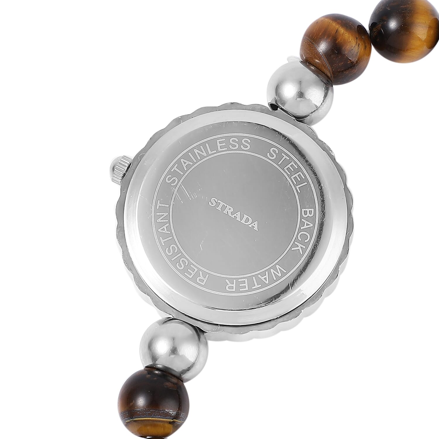 Set of 2 Strada Japanese Movement White Crystal, Tiger's Eye Beaded Bracelet Watch with Matching Bracelet in Stainless Steel 176.50 ctw