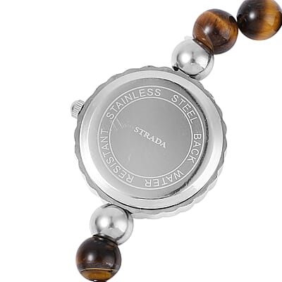 Set of 2 Strada Japanese Movement White Crystal, Tiger's Eye Beaded Bracelet Watch with Matching Bracelet in Stainless Steel 176.50 ctw