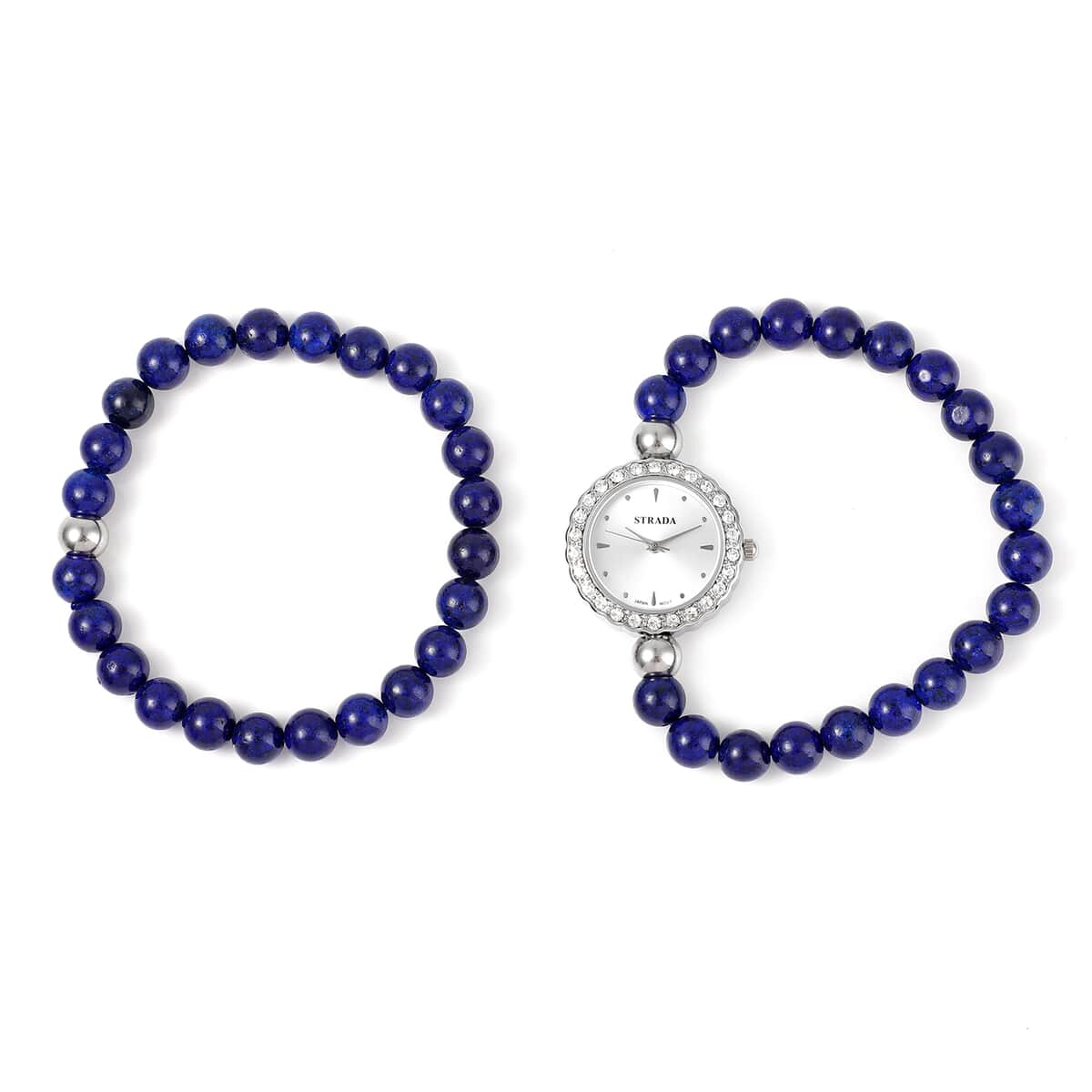 Set of 2 STRADA Japanese Movement White Austrian Crystal, Lapis Lazuli Beaded Bracelet Watch with Matching Bracelet in Stainless Steel 161.00 ctw image number 0