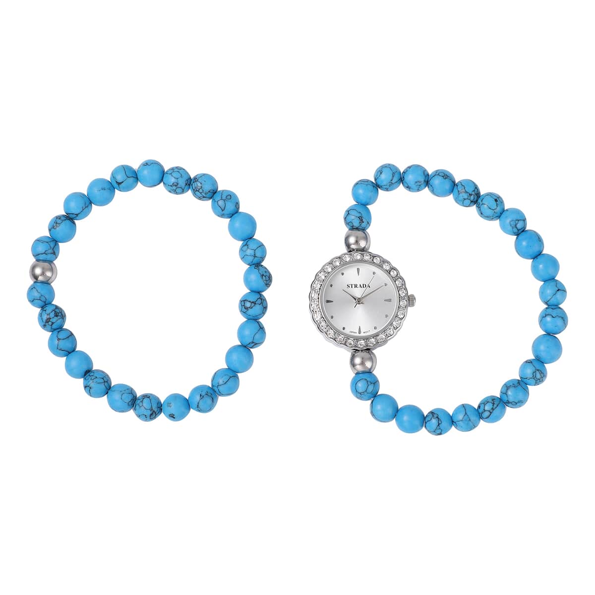 Set of 2 Strada Japanese Movement White Austrian Crystal, Blue Howlite Beaded Bracelet Watch with Matching Bracelet in Stainless Steel 129.00 ctw image number 0