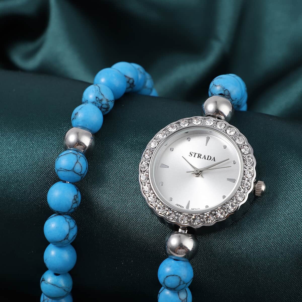 Set of 2 Strada Japanese Movement White Austrian Crystal, Blue Howlite Beaded Bracelet Watch with Matching Bracelet in Stainless Steel 129.00 ctw image number 1