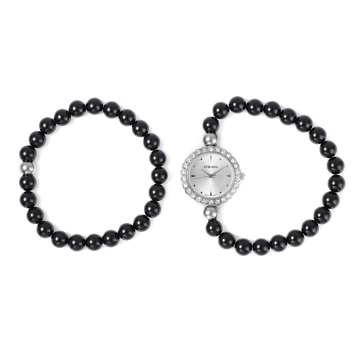 Set of 2 Strada Japanese Movement White Crystal, Black Agate Beaded Bracelet Watch with Matching Bracelet in Stainless Steel 154.00 ctw image number 0
