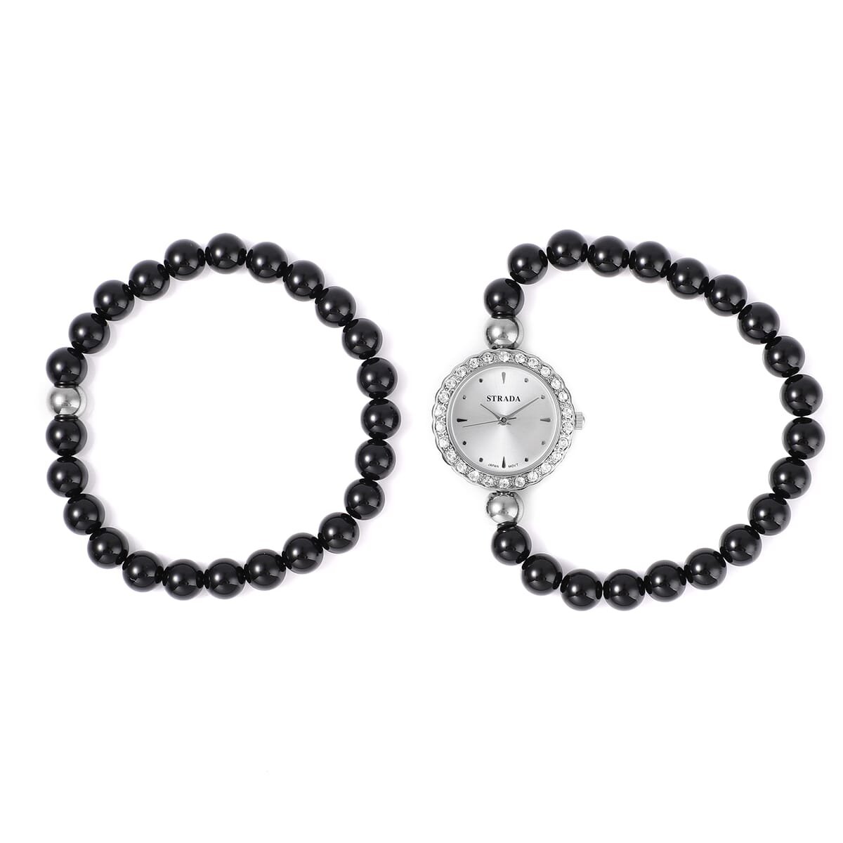 Set of 2 Strada Japanese Movement White Crystal, Black Agate Beaded Bracelet Watch with Matching Bracelet in Stainless Steel 154.00 ctw image number 0